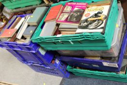 A LARGE QUANTITY OF VINTAGE AND ANTIQUE BOOKS TO INCLUDE MOTORCYCLE EXAMPLES, CLASSIC LITERATURE {