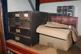 FOUR CABINET DRAWERS CONTAINING VARIOUS ELECTRONIC COMPONENTS, FITTINGS AND A BOX OF CAPACITORS