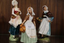 THREE ROYAL DOULTON FIGURES - COUNTRY LASS, THE MILKMAID AND LIZZIE