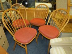 A MODERN ERCOL BLONDE DROPLEAF TABLE & FOUR HOOPBACK CHAIRS