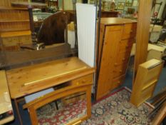 A MODERN PINE CABINET, DESK AND STOOL, MIRROR, SCREEN AND FLAT PACK WARDROBE