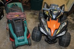 A CHILDREN'S RIDE ON BATTERY QUAD BIKE - MISSING CHARGER, TOGETHER WITH AN ELECTRIC BOSCH LAWN MOWER