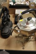 A TRAY OF COLLECTABLES TO INCLUDE A SILVER PLATED SPIRIT KETTLE, SPELTER STYLE FIGURE OF MAN ON