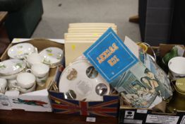 THREE SMALL TRAYS OF ASSORTED CERAMICS AND ACCESSORIES TO INCLUDE EQUESTRIAN THEMED ICE BUCKET IN