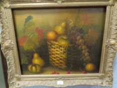 A GILT FRAMED OIL ON CANVAS OF FRUIT IN BASKET