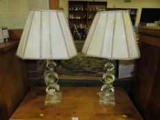 A PAIR OF GLASS EFFECT TAB;E LAMPS