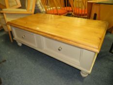 A VINTAGE PAINTED PINE COFFEE TABLE WITH TWO DRAWERS - W 138 cm