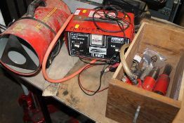 A PROPANE SPACE HEATER, A 15 AMP 12 / 24V VEHICLE BATTERY SUPERCHARGER AND THREE CLARKE AIR TOOLS