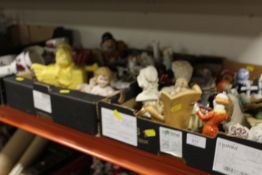 THREE TRAYS OF ASSORTED CERAMICS TO INCLUDE WEDGWOOD , NOVELTY TEA-POTS ETC