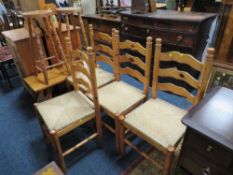 FOUR PINE CHAIRS, TWO STOOLS AND A COFFEE TABLE (7)