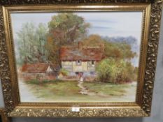 A GILT FRAMED OIL ON CANVAS OF A COUNTRY COTTAGE SCENE SIGNED LOWER RIGHT 