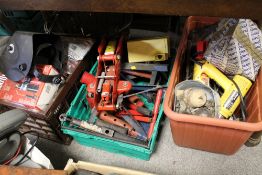 THREE BOXES OF MECHANICS TOOLS TO INLCUDE TROLLEY JACK AND AXLE STANDS