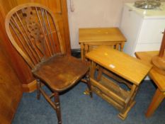 AN OAK NEST OF TABLES, MAGAZINE RACK AND WHEELBACK CHAIR (3)