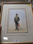A FRAMED AND GLAZED WATERCOLOUR OF A SOLDIER IN REGIMENTAL UNIFORM, INITIALS WRJ LOWER RIGHT
