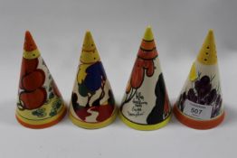 FOUR REPRODUCTION CLARICE CLIFF STYLE CONICAL SUGAR SHAKERS TO INCLUDE CROWN DEVON AND WEDGWOOD
