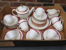 A TRAY OF MINTON SATURN PATTERN TEA WARE, TO INCLUDE TEAPOT, SUGAR, MILK, CUPS & SAUCERS, CAKE PLATE