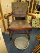 A VINTAGE OAK ARMCHAIR & CIRCULAR CAST PAN (2)