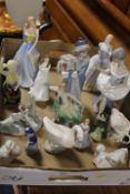 A TRAY OF FIGURINES TO INCLUDE NAO, OLD TUPTON WARE ETC