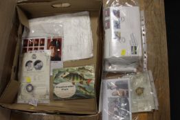 A TRAY OF ASSORTED COINS, STAMPS, FIRST DAY COVERS ETC