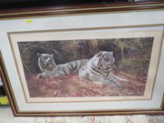 A FRAMED AND GLAZED ANTHONY GIBBS 'WHITE TIGERS EVER WATCHFUL' SIGNED PRINT
