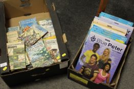 A TRAY OF ASSORTED VINTAGE LADYBIRD BOOKS TOGETHER WITH A TRAY OF BLUE PETER ANNUALS
