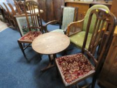 A VINTAGE BERGERE ARMCHAIR, TWO OAK CHAIRS, ARMCHAIR, CIRCULAR TABLE & SCREEN (6)