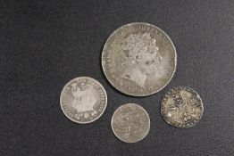 FOUR GEORGIAN SILVER COINS TO INC AN 1820 CROWN