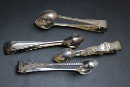 FOUR PAIRS OF ASSORTED HALLMARKED SILVER SUGAR TONGS, various dates, makers and styles, approx