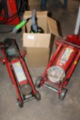 A LARGE 2.25 TONNE TROLLEY JACK AND 2 TONE TROLLEY JACK, TOGETHER WITH A PRESSURE SPRAYER