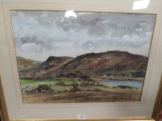 A FRAMED AND GLAZED WATERCOLOUR OF HILLSIDE LAKE SCENE SIGNED LOWER RIGHT BELL FOSTER