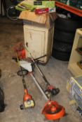 THREE PETROL STRIMMERS A/F, TO INLCUDE STIHL STRIMMERS PLUS ONE TOOL CABINET AND A BOX OF GARDEN