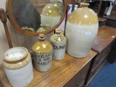 A LARGE STONEWARE FLAGON FROM JAMES GLOVER & SONS - LONGTON, PLUS THREE MORE STONE BOTTLES (4)