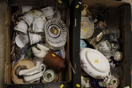 TWO TRAYS OF COLLECTABLES TO INCLUDE TEAWARE, FLATWARE, MINTON ETC
