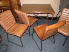 A MODERN INDUSTRIAL STYLE TABLE ON CASTORS TOGETHER WITH FOUR MODERN BROWN CHAIRS