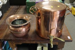A LARGE COPPER AND BRASS SAMOVAR TOGETHER WITH A PLANTER