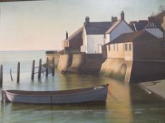 A NAIVE OIL ON CANVAS OF A HARBOUR SCENE