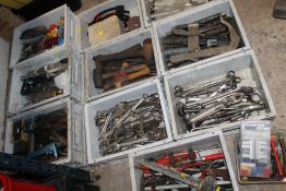 THIRTEEN TRAYS OF TOOLS TO INCLUDE SPANNERS AND SOCKETS ETC