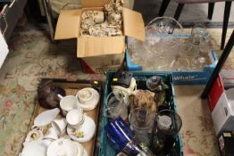 THREE TRAY AND A BOX OF ASSORTED CERAMICS AND GLASS TO INCLUDE ETCHED VASE