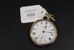 A WALTHAM GOLD PLATED OPEN FACED MANUAL WIND POCKET WATCHCondition report:Ticks on winding,