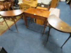 A REPRODUCTION MAHOGANY TWO DRAWER SIDE TABLE AND TWO DEMI-LUNE TABLES (3)