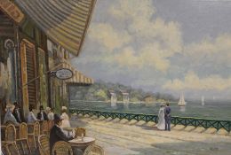 PICARD (XX). French school, continental coastal scene with figures at an inn, signed lower right,