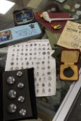 A BOX OF MAINLY MILITARY COLLECTABLES, MEDALLIONS, EPHEMERA ETC