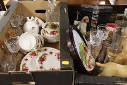 TWO TRAYS OF CERAMICS AND GLASS TOGETHER WITH AN ILLUMINATED GLOBE