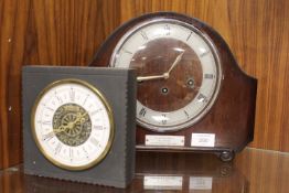 A VINTAGE MAHOGANY MANTLE CLOCK TOGETHER WITH CLOCK SET IN SLATE (2)