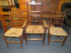 THREE LANCASHIRE OAK SPINDLE BACK DINING CHAIRS