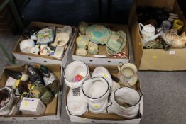 FIVE TRAYS OF ASSORTED CERAMICS TO INCLUDE FOUR NOVELTY CERAMIC BOOT PLANTERS ETC