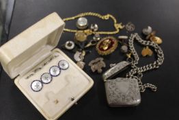 A SET OF EDWARDIAN WHITE METAL BUTTONS IN BOX, STUDS, VESTA CASE ETC