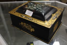 VINTAGE PAPER MACHE DECORATIVE JEWELRY BOX GOLD PAINTED AND WITH MOTHER OF PEARL