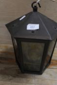 AN UNUSUAL GLASS AND COPPER HALL LANTERN, THE GLAZED PANELS BEING PHOTOGRAPHIC SCENES OF OLD