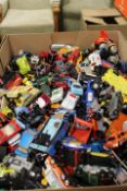 BOX OF PLAYWORN DIE CAST CARS TRUCKS ETC, MAINLY MATCHBOX LLEDO ETC
